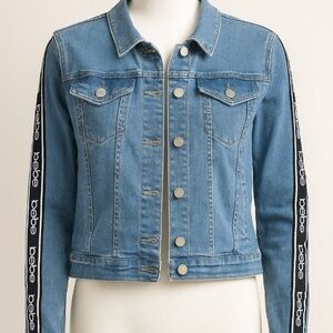 Bebe Light Blue Denim Jacket with Black Sleeve Accents